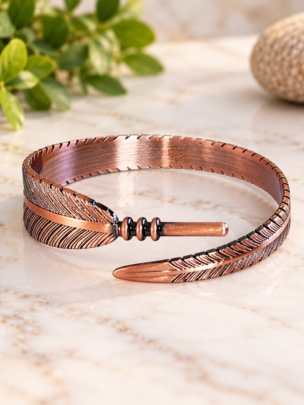 Pure Copper Feather Cuff Bracelet – Adjustable Antique Finish – 33g